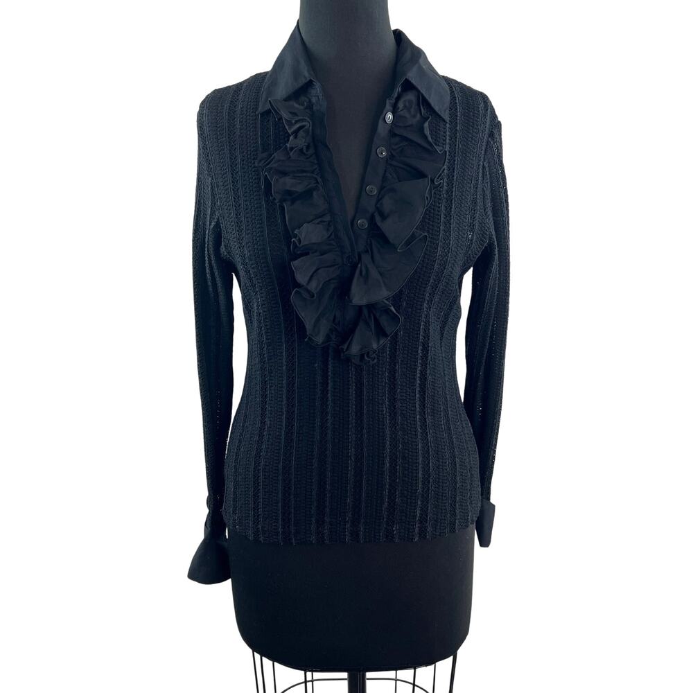 Anne Fontaine Amelie Black Top Ruffle Sheer Collar Ribbon Knit Long Sleeve Sz 42